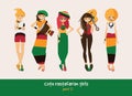 Vector set with isolated rasta girls. Rastafarian clothes in bright colors, ethnic accessories, music instruments. Smiling charact