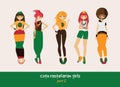 Vector set with isolated rasta girls. Rastafarian clothes in bright colors, ethnic accessories, various hairstyle