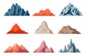 Vector set of isolated snowy mountains, mountain peak, hill, rock. Flat vector illustration