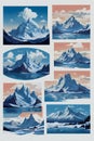 Vector set of isolated snowy mountains, mountain peak, hill top, iceberg, nature landscape. Royalty Free Stock Photo