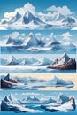 Vector set of isolated snowy mountains, mountain peak, hill top, iceberg, nature landscape. Royalty Free Stock Photo