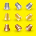 Vector set of isolated steel, gold, bronze thimbles on a yellow background