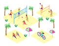 Vector set of isometric beach scenes with different people doing summer sports.