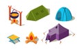 Vector set of isometric camping equipment. Different tents, chair and cauldron of soup over campfire. Active recreation