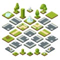 Vector set of isometric city elements, crossroads, road, garden decoration. Benches, fountain trees and bushes