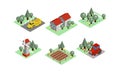 Vector set of isometric farm icons. Tractors, field with harvest, wooden barns, windmill and garden. Agricultural Royalty Free Stock Photo