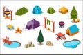 Vector set of isometric icons for camping. Active recreation. Forest element trees, stones, lakes , various tents Royalty Free Stock Photo