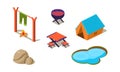 Vector set of isometric icons for camping. Tent, small lake, stones, table and chairs, grill and campfire. Active summer