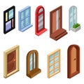 Vector set of isometric windows and entrance doors. Elements for mobile or computer game