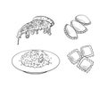 Vector Set of Italian Food Icons, Outline Black and White Illustrations, Hand Drawn Food. Royalty Free Stock Photo