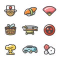 Vector Set of Japan Icons. Japanese, Food, Fan, Bath, Sword, Radiation, Explosion, Car, Sakura.