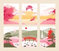 Vector set of Japanese backgrounds in minimal abstract style. Fuji mountain and ocean in oriental style with geometric