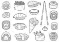 Vector set of japanese food, colorless collection of cartoon sushi, sashimi and rolls Royalty Free Stock Photo