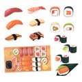 Vector set japanese food illustration for seafood sushi rolls shop design. Sushi icons set. Royalty Free Stock Photo