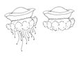 Vector set of jellyfish. a hand-drawn jellyfish in the style of a sketch of different shapes with a cap with long and short