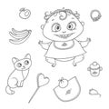 Vector set joyful child and kitten. Chubby funny curly kid with big eyes and cat. Baby bottle with water or milk, other
