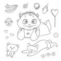 Vector Set Joyful Child And Sleeping Kitten. Baby Bottle With Water Or Milk, Other Food, Hearts And Sweets. Flat Chubby