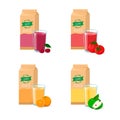Vector set of juice. Box package, glass and fruit. Orange, cherry, tomato, apple