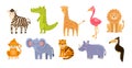Vector set of jungle animals on bright isolated.Cute cartoon animals and birds in a flat style for children.Printing on postcards,