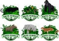 Vector set of Jungle rainforest Emblems with elephant, puma cougar, panther, gorilla, wild hog babirusa and buttrflies