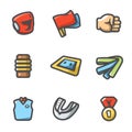 Vector Set of Karate Icons. Helmet, Flags, Fist, Makiwara, Tatami, Belt, Judge, Medal, Bandage.