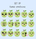 Vector set of kawaii emoticons, cute apple with faces with different emotions