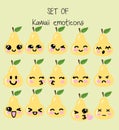 Vector set of kawaii emoticons, cute pear with faces with different emotions Royalty Free Stock Photo