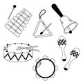 Vector set of kids musical instruments in graphic flat style - drum, maracas, triangle, bell, xylophone, tambourine.