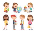 Vector set of kids school children with books. Education vector Royalty Free Stock Photo