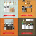 Vector set of kitchen interiors with refrigerator, stove, dishwaser, appliances. Royalty Free Stock Photo