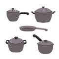 Vector set of kitchen pans with lids. Flat style.