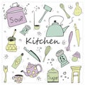 Vector set with kitchen tools on white background. Hand drawn kettle, knife, spoon, salt, pepper, cup, teapot, sugar