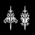 Vector set of knight sword and roses black and white vector heraldic decor Royalty Free Stock Photo