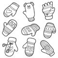 Vector set of knitted mittens with animals and geometric pattern