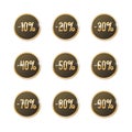 Vector set of labels with percent sale discount. Nine numbers in a circle with a golden glitter on a black