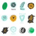 Vector set of labels for vegetarian and raw food with of plants,and sign with flower, heart and leaf. Royalty Free Stock Photo