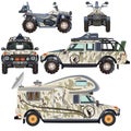 Vector set of land vehicles for travel and hunting in flat design Royalty Free Stock Photo