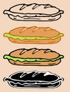 Vector set of a large sandwich with salad in a flat style. a set of hand-drawn sandwich made of a long bun with a green salad. Royalty Free Stock Photo