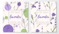 Vector set of lavender natural cosmetic horizontal banners on a seamless pattern. Vector hand drawn illustration