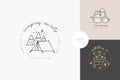 Vector set of liear camping and hiking icons or logos . Traveling emblem or round badge with traveling staff. Design for t-shirt Royalty Free Stock Photo