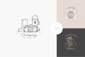 Vector set of liear camping and hiking icons or logos . Traveling emblem or round badge with traveling staff. Design for t-shirt