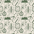 Vector set of liear camping and hiking icons. Seamless pattern for traveling. Backgrond or texture for print