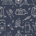 Vector set of liear camping and hiking icons. Seamless pattern for traveling. Backgrond or texture for print