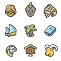 Vector Set of Life on Desert Island Icons. Robinson Crusoe, Aborigine, Friday, Sailing, Palma, Roman, Parrot, Hut, Goat.