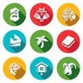 Vector Set of Life on Desert Island Icons. Robinson Crusoe, Aborigine, Friday, Sailing, Palma, Roman, Parrot, Hut, Goat.