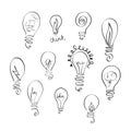 Vector set of light bulb icons with concept of idea. Doodle sign collection.