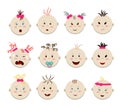 Vector set of light skin children`s heads with different facial expressions, hair and eyes. Pattern-texture with round baby faces