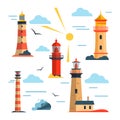 Vector set of lighthouses. Cartoon lighthouse, clouds, sun. Design elements Royalty Free Stock Photo