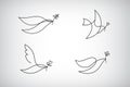 Vector set of line logo, icon, drawing of dove holding a branch, symbol of love and piece. One line minimalist pigeon.