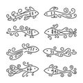 Vector set of outline silhouettes of fish